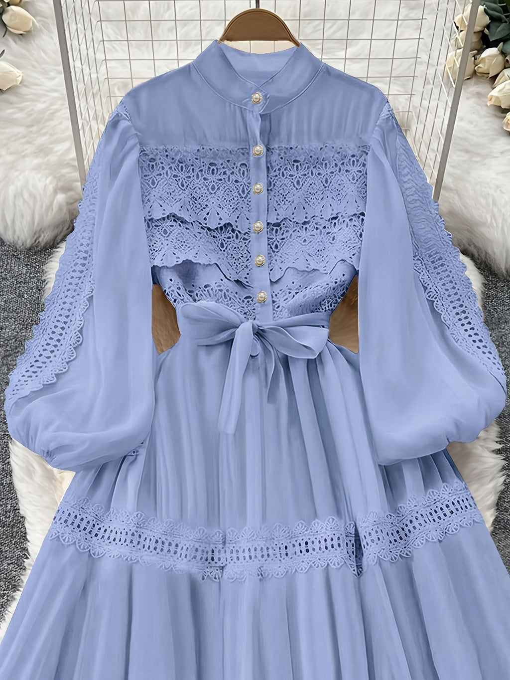 Fashion Retro Stand-Up Collar Lace Trim Patchwork Dress Court Style Lantern Sleeve Waist-Cinching Tie-Waist Flared Long Dress - Blue