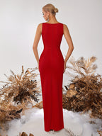 Straight Neck Side Slit Slim Fit Prom Party Cocktail Reception Formal Ladies Dinner Dress - Red