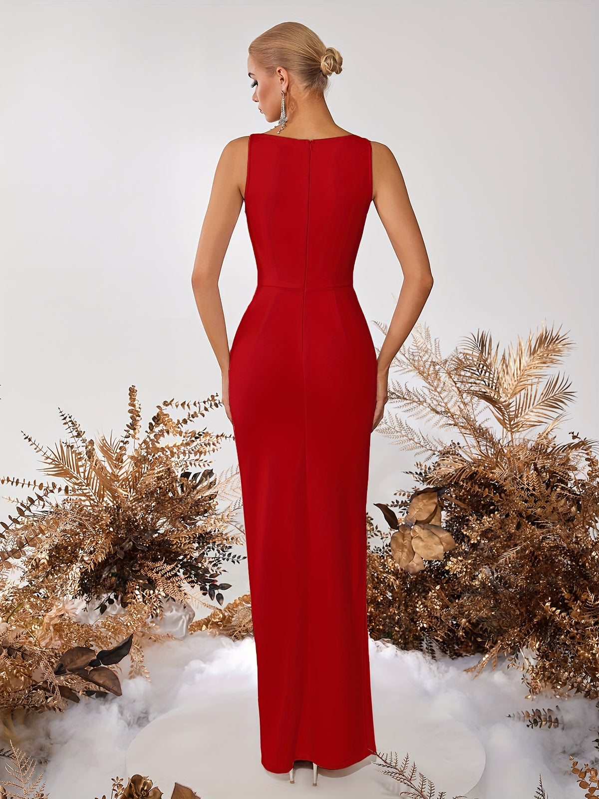 Straight Neck Side Slit Slim Fit Prom Party Cocktail Reception Formal Ladies Dinner Dress - Red