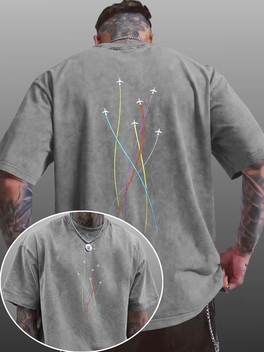 Men's Short-Sleeve T-Shirt, Pure Cotton Loose Fit Half-Sleeve Top, Washed Distressed Colorful Airplane Route Lines, Trendy Reversible Double-Sided Print, Multiple Colors for Mix & Match, American Streetwear Hip-Hop High Street Style, for Daily - Grey