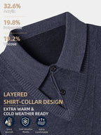 Men's Grey Polo Sweater, Faux 2pcs Shirt-Collar Design, V-Neck & Subtle Diamond Knit Pattern, Classic Refined Style, Warm Autumn Winter Pullover for Casual Wear, Golf & Outdoor Activities - Navy