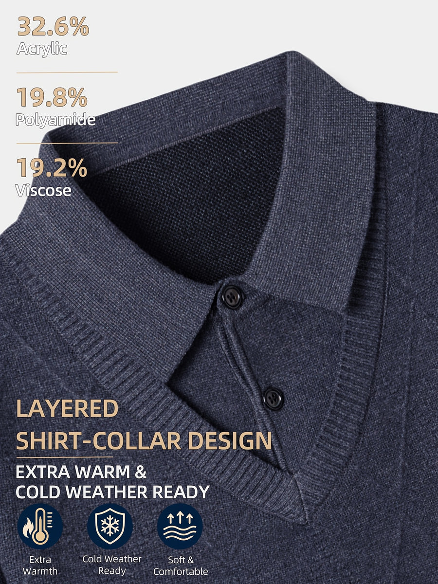 Men's Grey Polo Sweater, Faux 2pcs Shirt-Collar Design, V-Neck & Subtle Diamond Knit Pattern, Classic Refined Style, Warm Autumn Winter Pullover for Casual Wear, Golf & Outdoor Activities - Navy