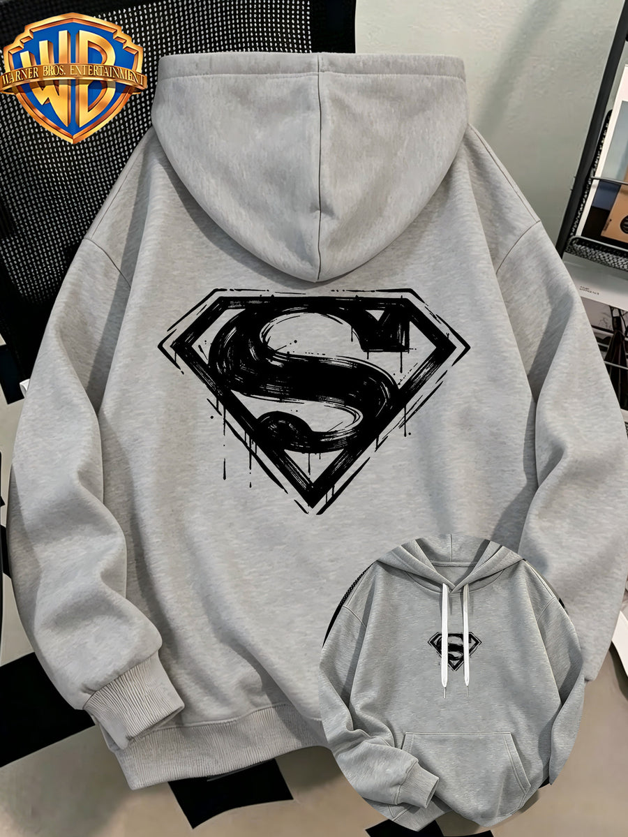 Fashion Hip Hop Print Fashion Brand Casual Versatile Sports Drawstring Pocket Hooded Men'S Sweater, Men'S Autumn And Winter Cute Casual Style, Sports Style Fashion Loose Hoodie, Daily Casual Wear - Light Grey