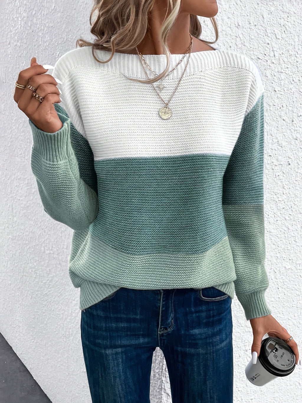 Newly Popular Color-Blocked Drop-Shoulder Sweater - Green