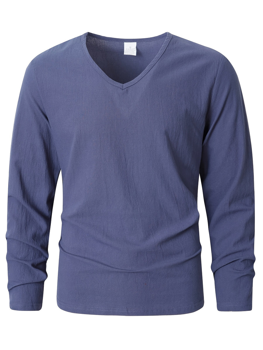 Japanese Texture Pleated Linen Athletic Long Sleeve Men'S Size Large V-Neck Loose Commuter Fitness Outerwear Lightweight Sunscreen Base Layer Summer Non-Stuffy Sunscreen Long Sleeve Loose V-Neck Linen Men'S Casual Athletic T-Shirt - Navy Color