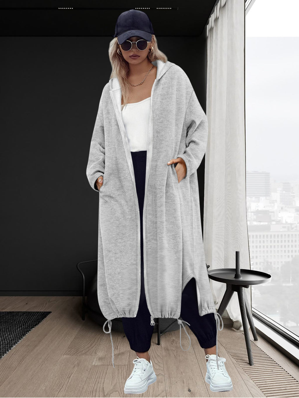 Grey Long Hooded Zip-Up Sweatshirt Coat, Women's Lazy Casual Style for Autumn & Winter, Loose Fit to Hide + Drawstring Design, Versatile and Casual with Great Style - Grey