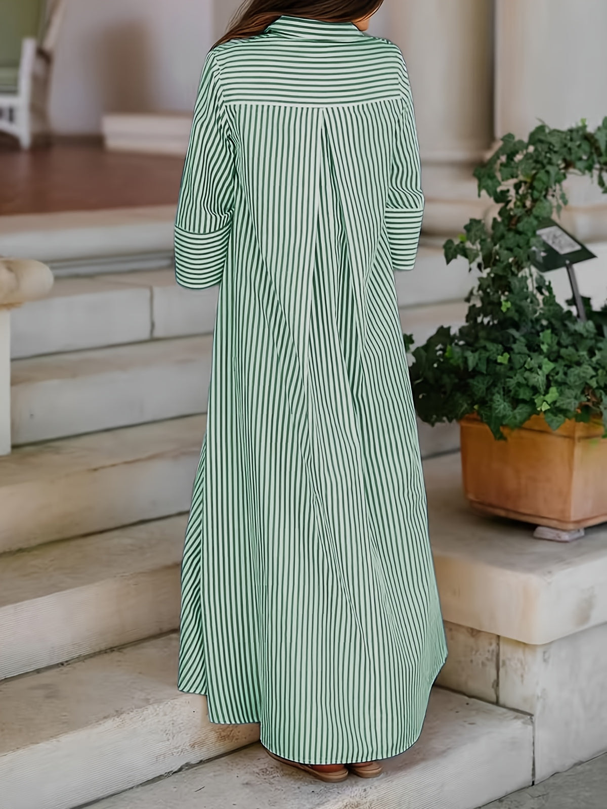 Women's Shirt Long Cape Long Elegant Striped Shirt - Green
