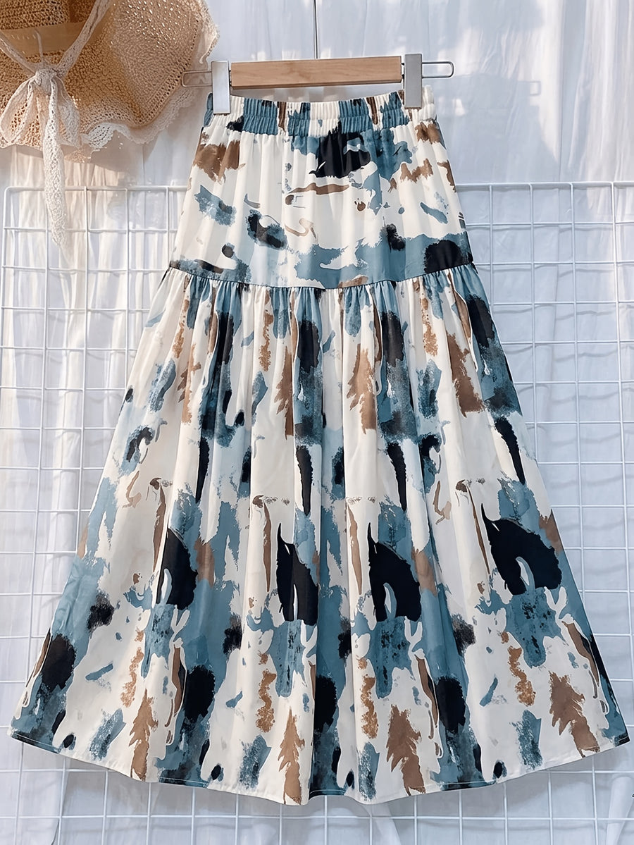 Women's Summer Multi-Color Printed Stretch Waist Patchwork Flared Maxi Dress, Elegant and Graceful, Suitable for Valentine's Day Carnivals, Labor Day Outings, Back-to- Season, Teacher Attire, Formal Occasions, Gift-giving, Date Outfits - Multicolor