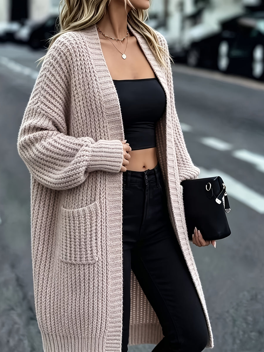 Lazy Style Thick Long Cardigan for Women, Loose with Pockets Long Sleeve Sweater Jacket, Fall Winter Versatile Casual Outerwear Suitable for Fall Winter Commuting, Daily Shopping, Holiday Outings, New Year'S Parties And Festive Attire - Khaki Gray