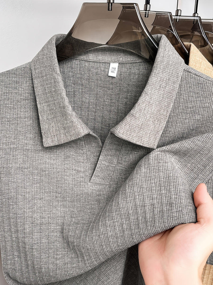 Men'S Vertical Striped V-Neck Knit Shirt, Summer Lapel Men'S Short-Sleeved T-Shirt, Solid Color Striped POLO Shirt, Casual Business Versatile Top, Commuting Men'S Clothing, Temperament Men'S Top - Grey