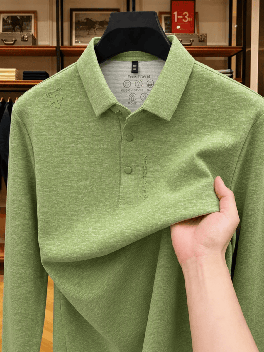 Men's Lapel Long Sleeve Polo Shirt Thickened Warm Top Autumn Winter Business Casual Layering Apparel for Middle Aged Dad Versatile Daily Outfit Suitable for Golf Fishing Tennis Sports Office And Daily Wear for Men - Leaf Green