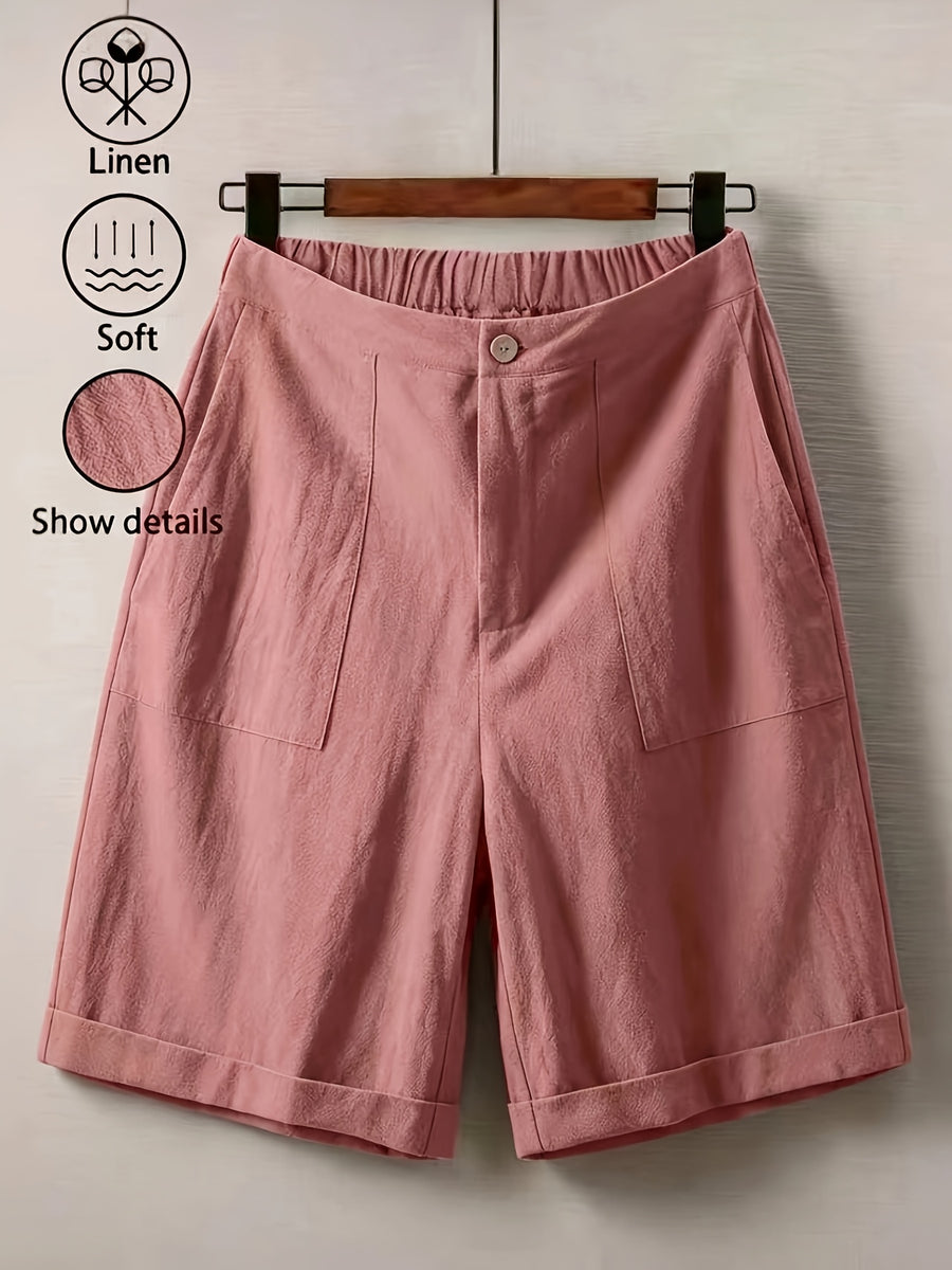 SQ26032726 Women'S Casual Easy Design Solid Color Linen Comfortable Breathable Pocket Shorts Suitable for Going Out, Summer, Vacation, Holiday Wear - Peach
