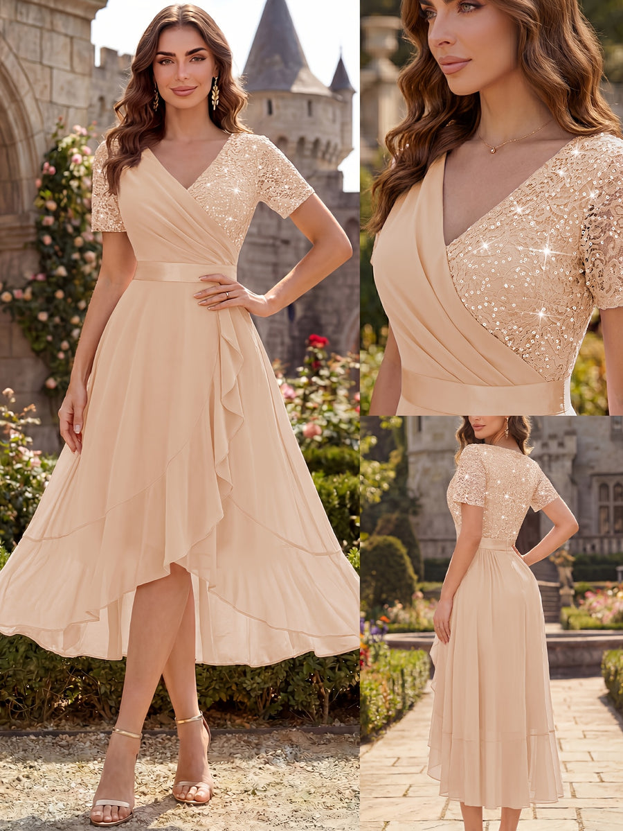 Women'S Elegant V-Neck Lace Chiffon Ruffled Trim Slit Wedding Party Long Dress - Champagne