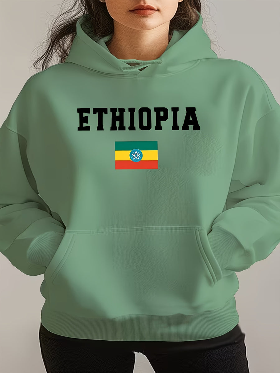 ETHIOPIA Lettering And Ethiopian Flag Pattern Autumn Winter Fashion Fleece Hooded Sweatshirt Women'S Printed Casual Elegant Women'S Clothing Cute Top - Green