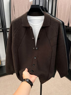 [Xingfan] Autumn Winter Men'S Long Sleeve Cardigan Lapel Business Casual Solid Color Thick Knit Thickened Jacket - Coffee Color