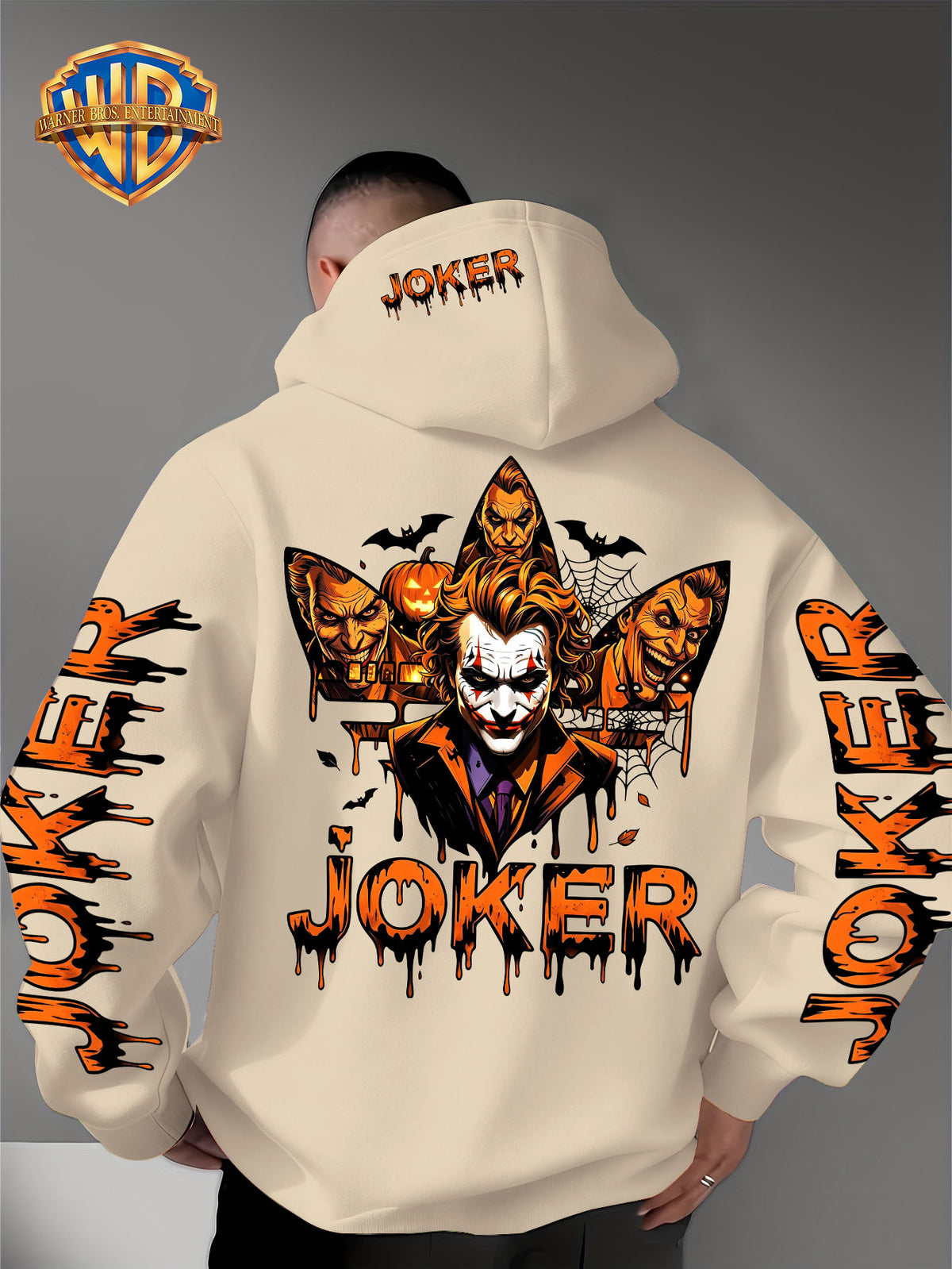 Warner Official - Men's Fashion Hoodie Sweatshirt, Halloween-themed Bat and Spiderweb Hand-Drawn Graffiti Suit Joker with Three Different Evil Smile Expressions Joker Head + "JOKER" Lettering Creative Pattern Print, Soft and Skin-Friendly Fabric - Apricot