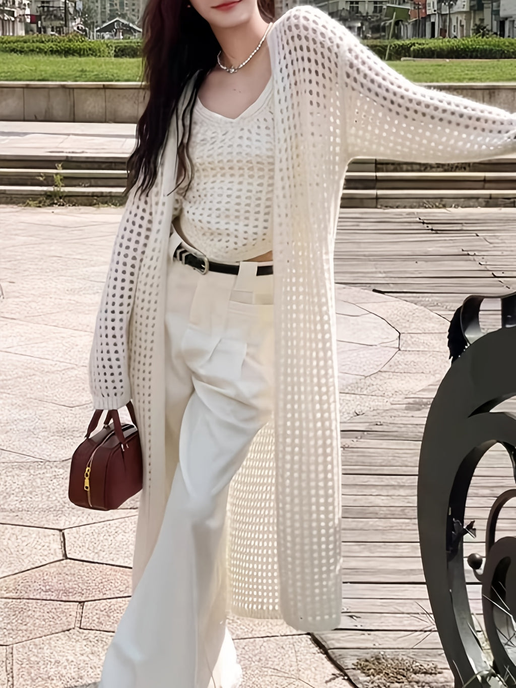 2026 Spring/Summer New Arrival Hollow-Out Long Cardigan Top for Women - Ivory White