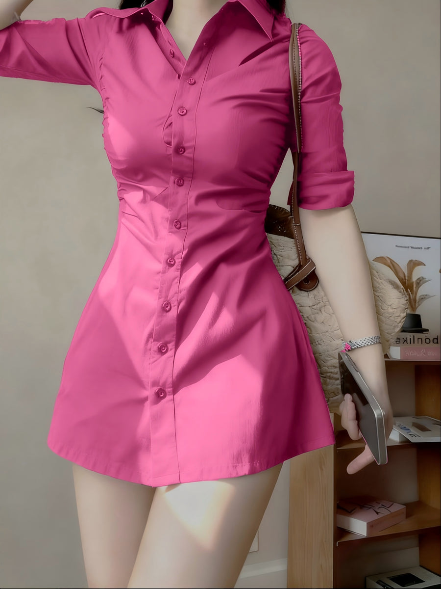 Waist- And Single-Breasted Solid Color Shirt Dress, Suitable for Dating And Commuting - Violet