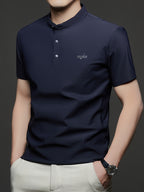 Maqiqi OBM Men's Chinese Style Henley Shirt - Breathable Short-Sleeve -Front Collar Polo, Half-Open Placket Stand Collar Tunic for Business Casual Wear, Layering Base Layer Top Suitable for Office, Golf, Running Gift - Navy Color