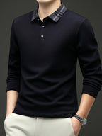 Men'S Plaid Lapel Long Sleeve Polo Shirt, Plaid Contrast Collar Design Middle-Aged Business Casual Navy Purple Optional Top - Navy