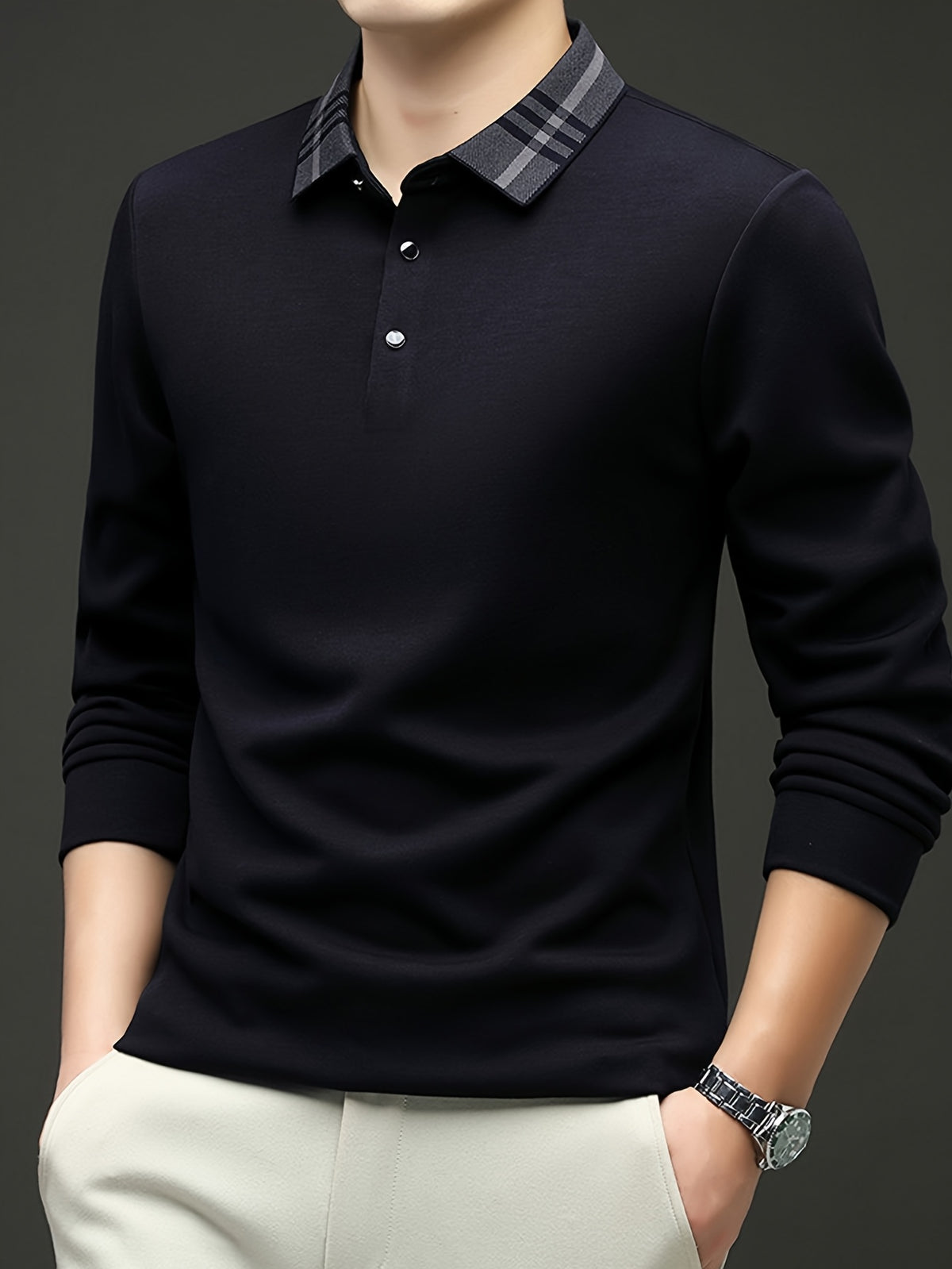 Men'S Plaid Lapel Long Sleeve Polo Shirt, Plaid Contrast Collar Design Middle-Aged Business Casual Navy Purple Optional Top - Navy
