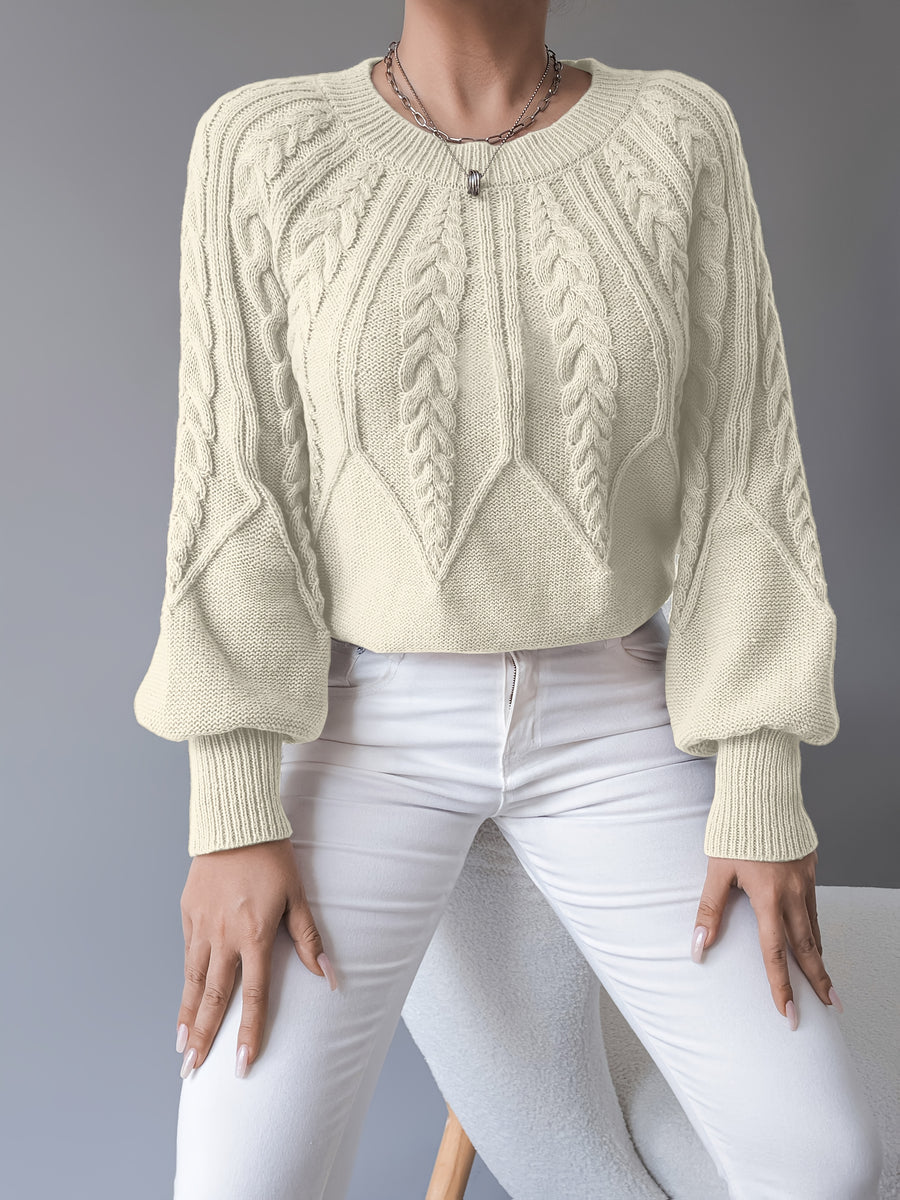 Chunky Lantern Sleeve Sweater, Women'S Crew Neck Textured Pullover Sweater - Apricot