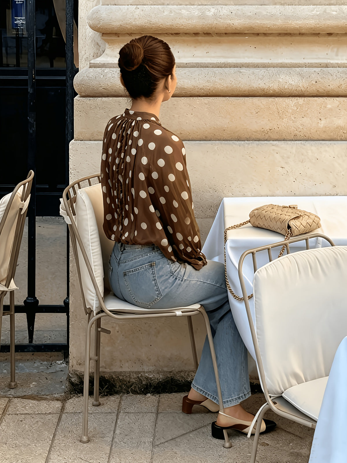 Fashionable Spring/Summer Elegant Casual Semi-Sheer Polka Dot Pattern Shirt Bow Tie Collar Lantern Sleeve Loose Fit Women'S Shirt - Dark Brown