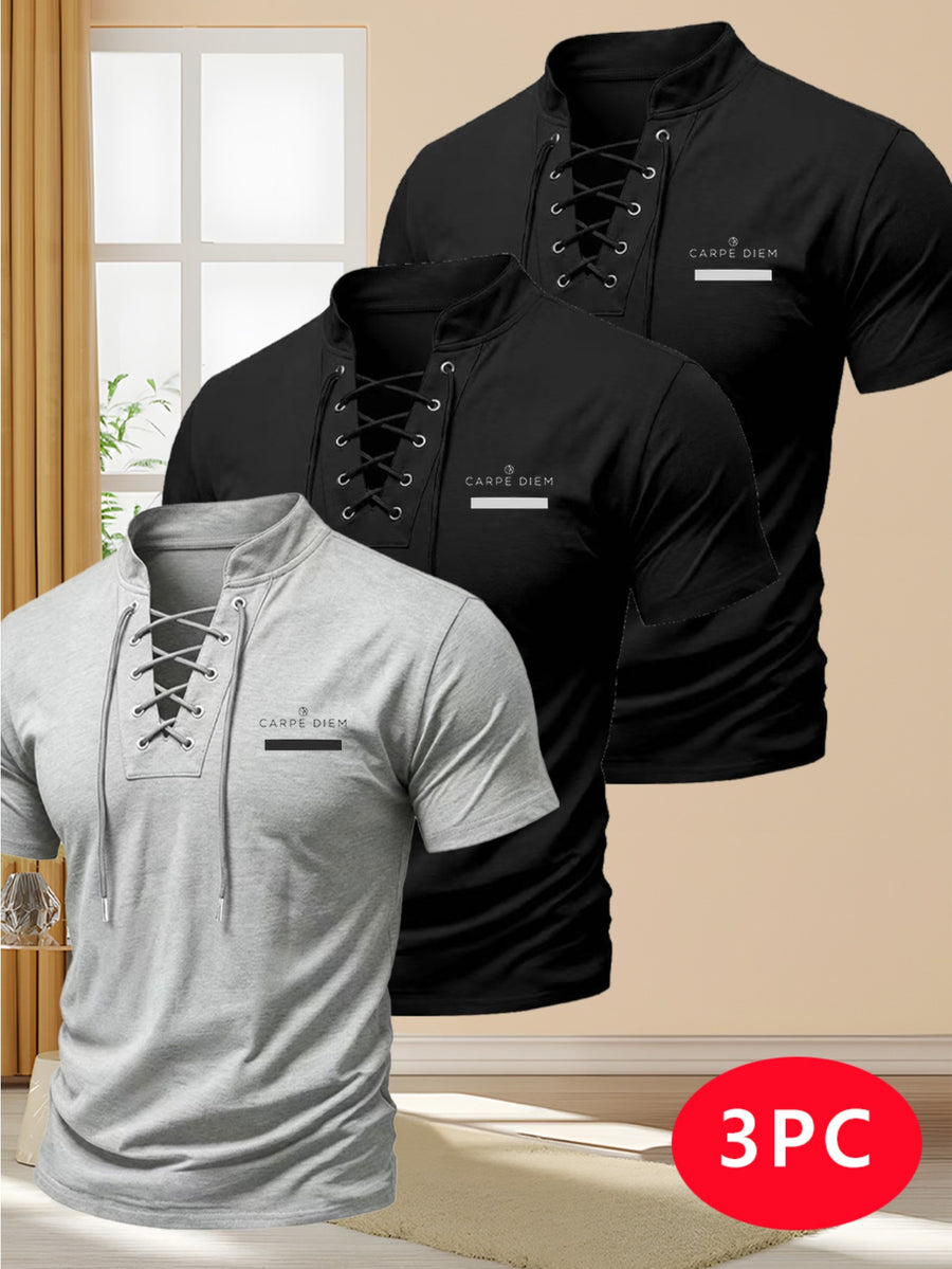 Men's Three-pc Summer New Arrival Solid Color Stand Collar Short Sleeve T-Shirt, American Vintage Style with Unique Drawstring Cross-Over Shoulder Straps, Slim Fit Fashionable Casual Streetwear Sporty Short Sleeve Top. Outdoor Travel Daily Wear - Black+black+gray
