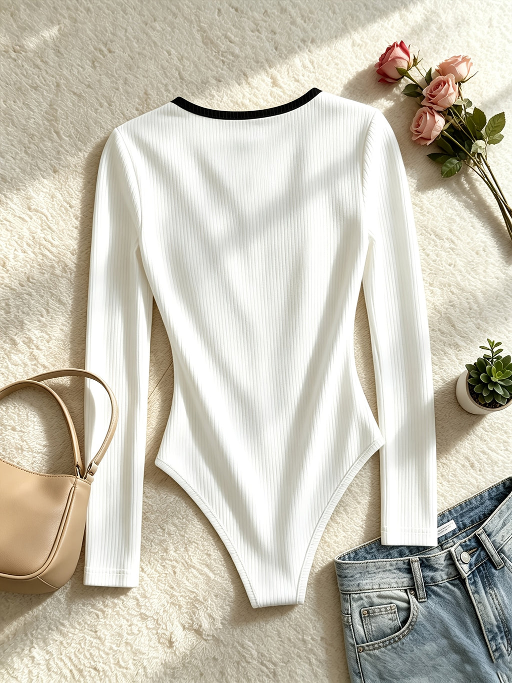 Spring Autumn All-Season Commuter Women'S Bow Tie Design Color-Block Long Sleeve Jumpsuit Sexy Elegant Ribbed Stretch Base Layer Statement Chest Tie Fashion Basic Jumpsuit Date Party Fitted Base Layer Jumpsuit - White