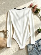 Spring Autumn All-Season Commuter Women'S Bow Tie Design Color-Block Long Sleeve Jumpsuit Sexy Elegant Ribbed Stretch Base Layer Statement Chest Tie Fashion Basic Jumpsuit Date Party Fitted Base Layer Jumpsuit - White