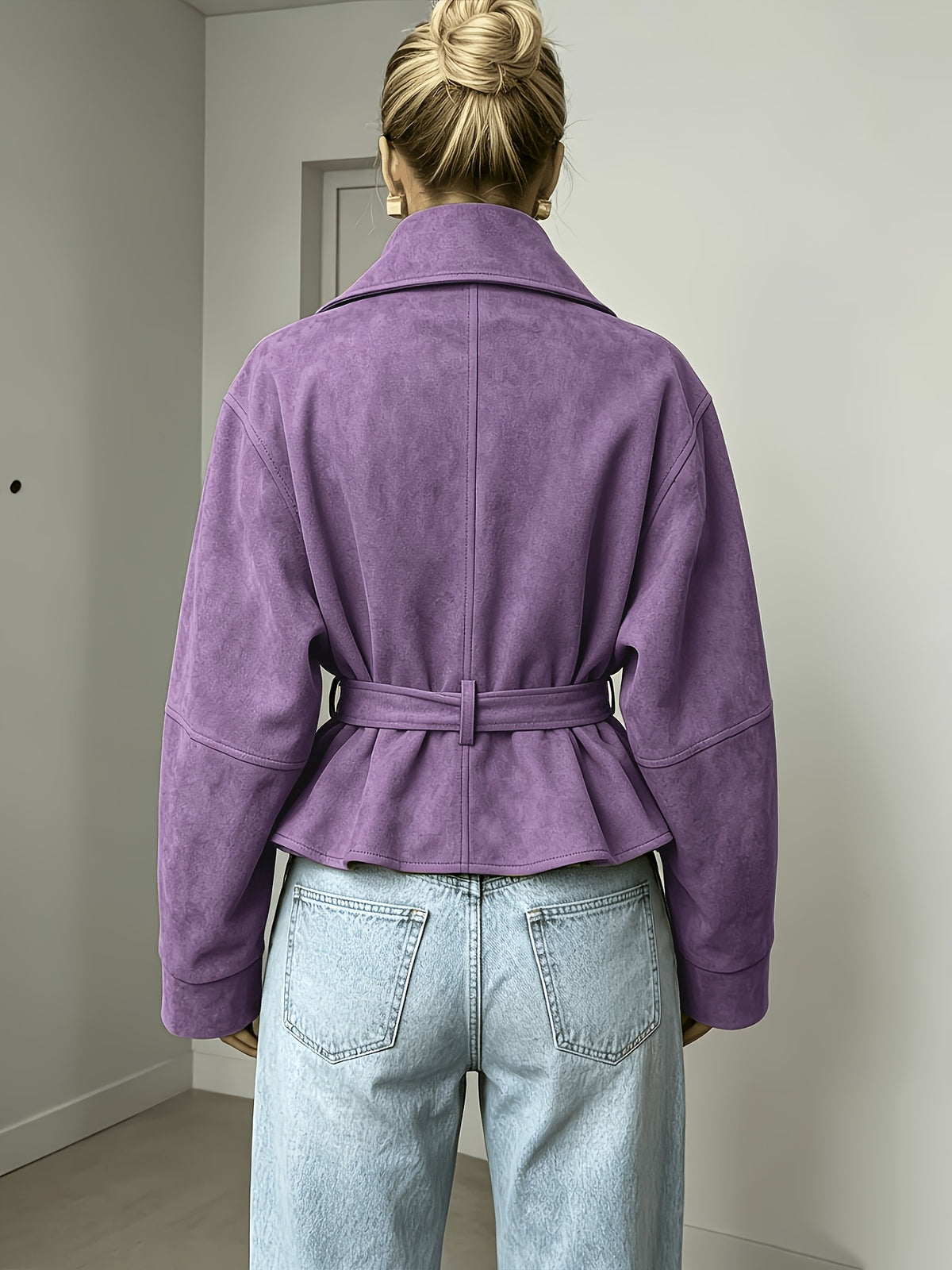 New Cross-Border Women'S Fashionable Elegant Women'S Early Autumn Tie-Up Solid Color Long Sleeve Coat - Purple