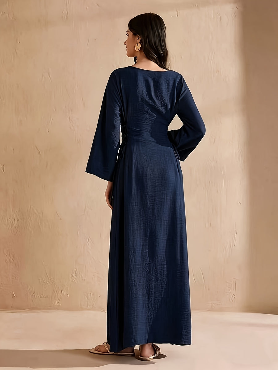 Women's Elegant A-Line Dress - Adjustable Drawstring Waist, Non-Stretchy Fabric for Formal & Everyday Events - Machine Washable Women's Clothing (Spring/Fall/Summer), Spring Outfit, Round Neckline, Flowing Silhouette - Navy Color