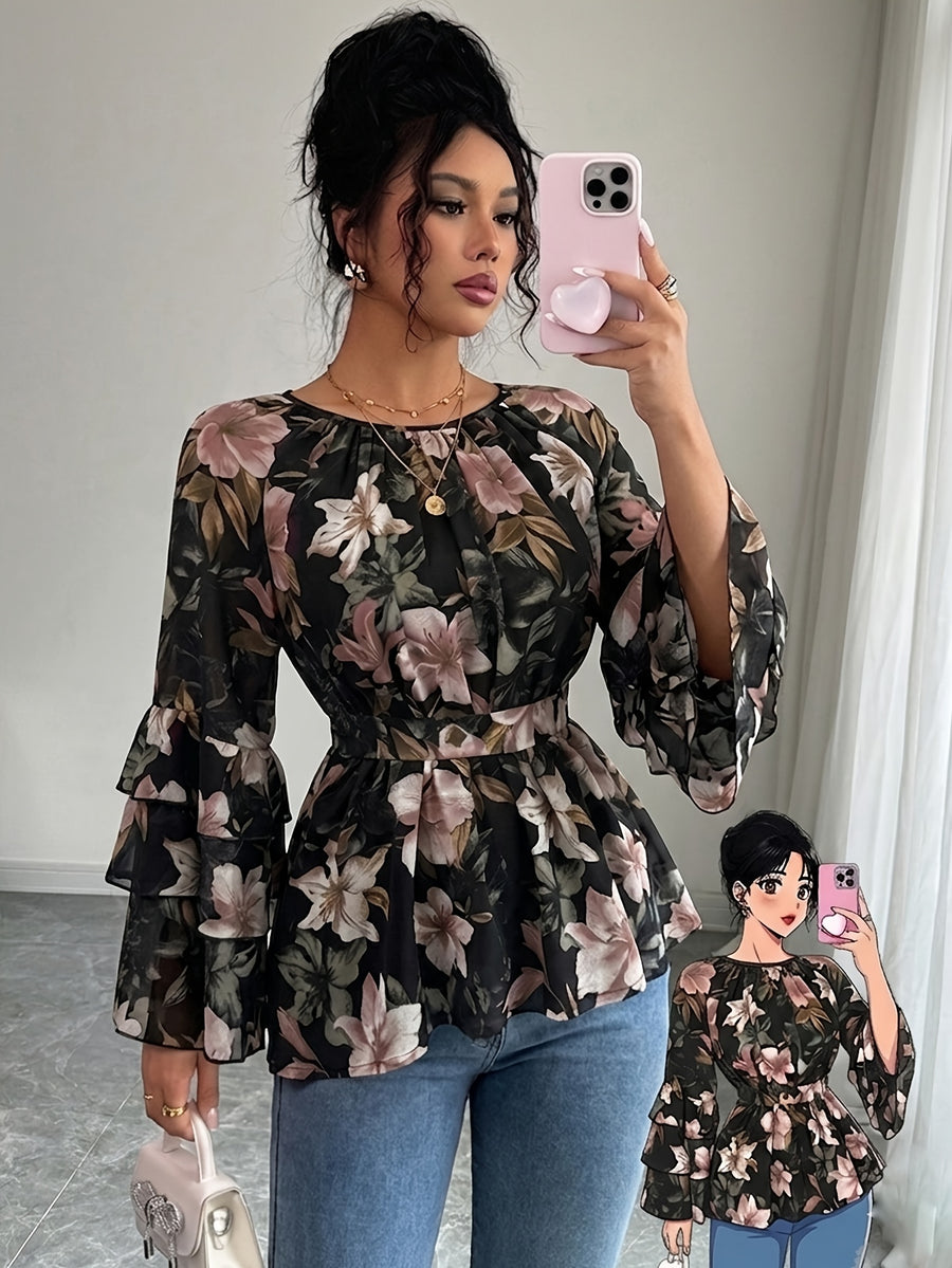 Women'S Summer Elegant Top, Chiffon Floral Print Layered Ruffle Sleeve, Waist Tie Festival Outfit, Holiday Vacation Wear Shirt - Mixed colors