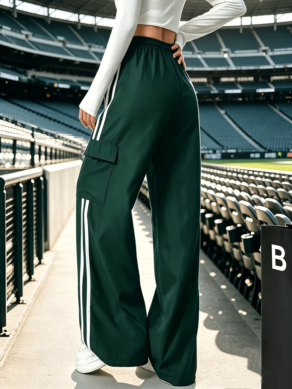 All-Season Contrast High-Waist Casual Women'S Trousers with Pockets, Straight Loose Style, Versatile Cargo Athletic Long Pants - Dark Green