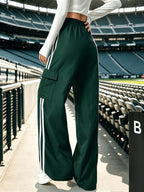 All-Season Contrast High-Waist Casual Women'S Trousers with Pockets, Straight Loose Style, Versatile Cargo Athletic Long Pants - Dark Green