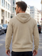 American Style New Men's Casual Pullover Jacquard Sweatshirt, Plaid Hooded Sweatshirt with Large Pocket - Khaki