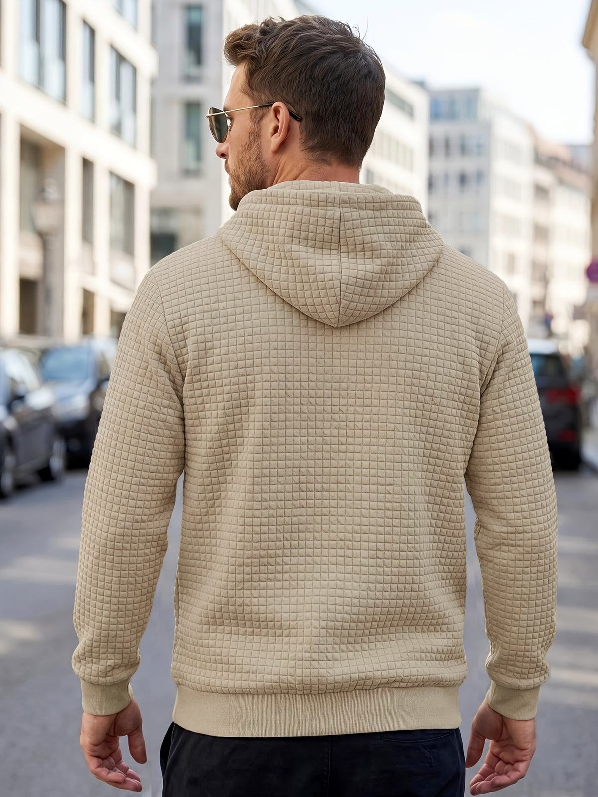 American Style New Men's Casual Pullover Jacquard Sweatshirt, Plaid Hooded Sweatshirt with Large Pocket - Khaki