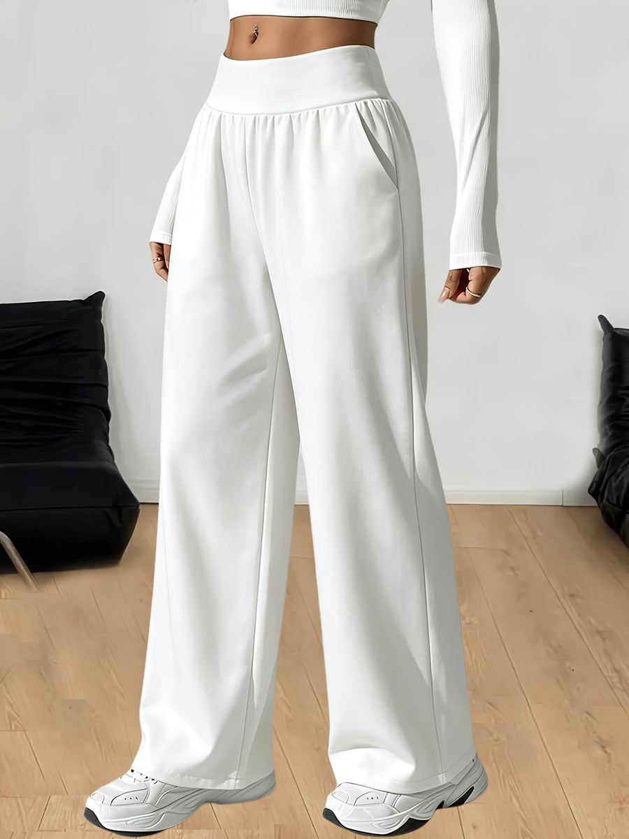 Women's High-Waisted Stretch Straight-Leg Pants - Elegant Loose-Fit Trousers with Pockets, Solid Color Athletic & Casual Wear Suitable for Training, Gym,, Everyday - Machine Washable Comfortable Wide-Leg Pants - White