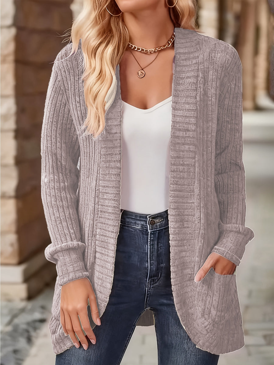 Women's Solid Color Brushed Casual Spliced Long Sleeve Cardigan - Lavender