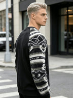 Men'S Autumn Winter Round Neck Plush Sweatshirt, Drop Shoulder Plush Sweatshirt, Fashionable Color-Block Patchwork And Solid Color Design, Wrinkle-Resistant Soft Knit Material, Very Practical. Suitable for Students' Daily Wear on Campus, Outings - Black