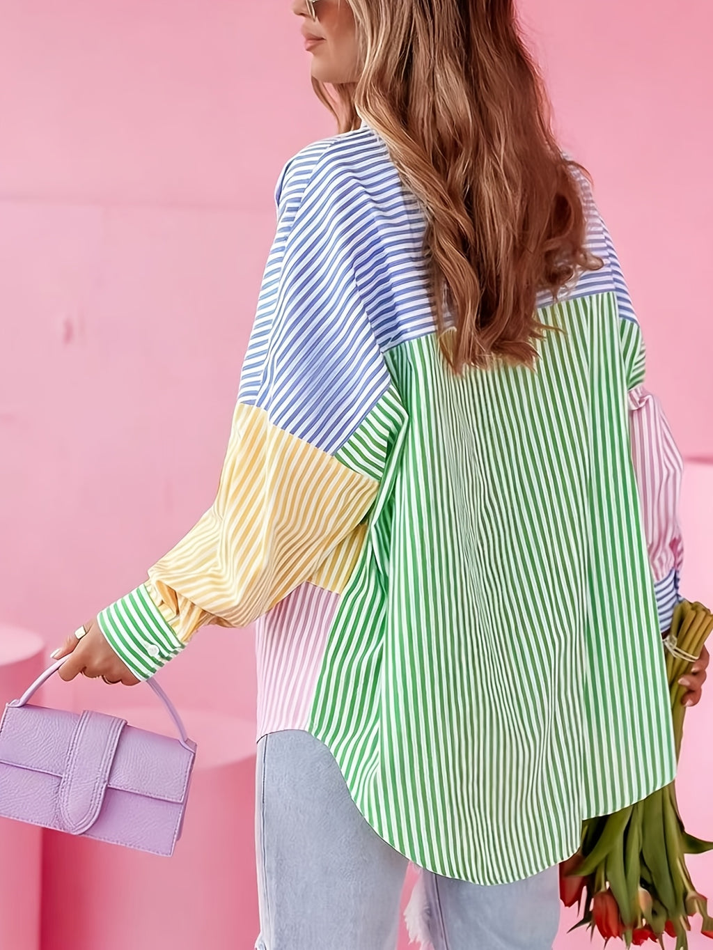 New Spring/Summer Women's Patchwork Striped Pocket Elegant Versatile Lapel Shirt - Mixed colors