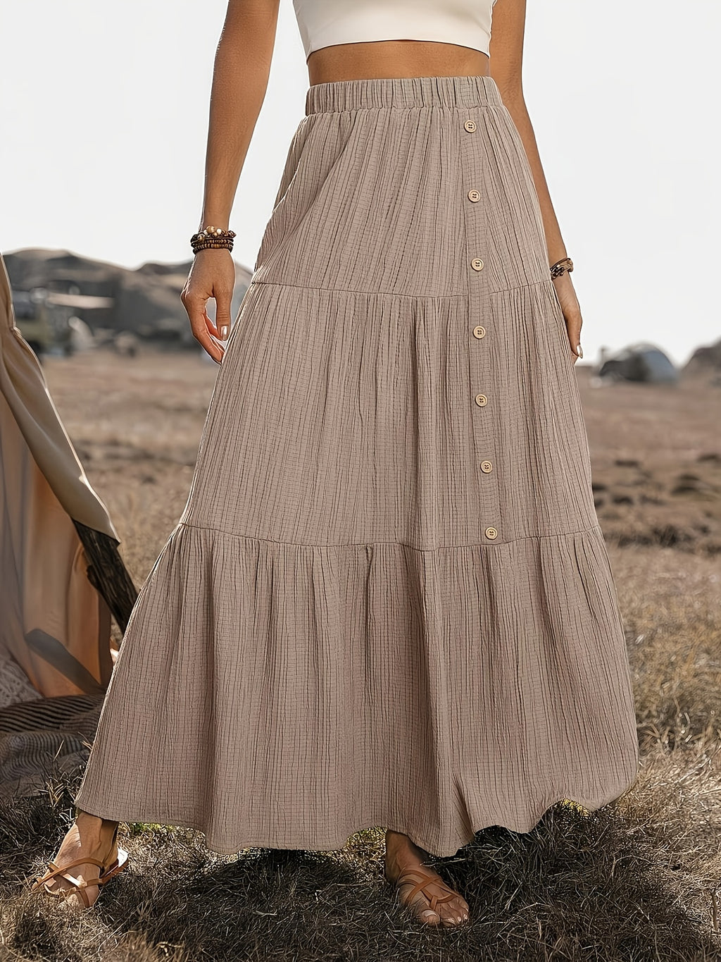 Textured Button Decor Elastic Waist Long Midi Skirt, Women'S Elegant Vacation Casual Skirt for Country Music Festival - Bean Paste Pink