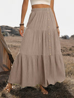 Textured Button Decor Elastic Waist Long Midi Skirt, Women'S Elegant Vacation Casual Skirt for Country Music Festival - Bean Paste Pink