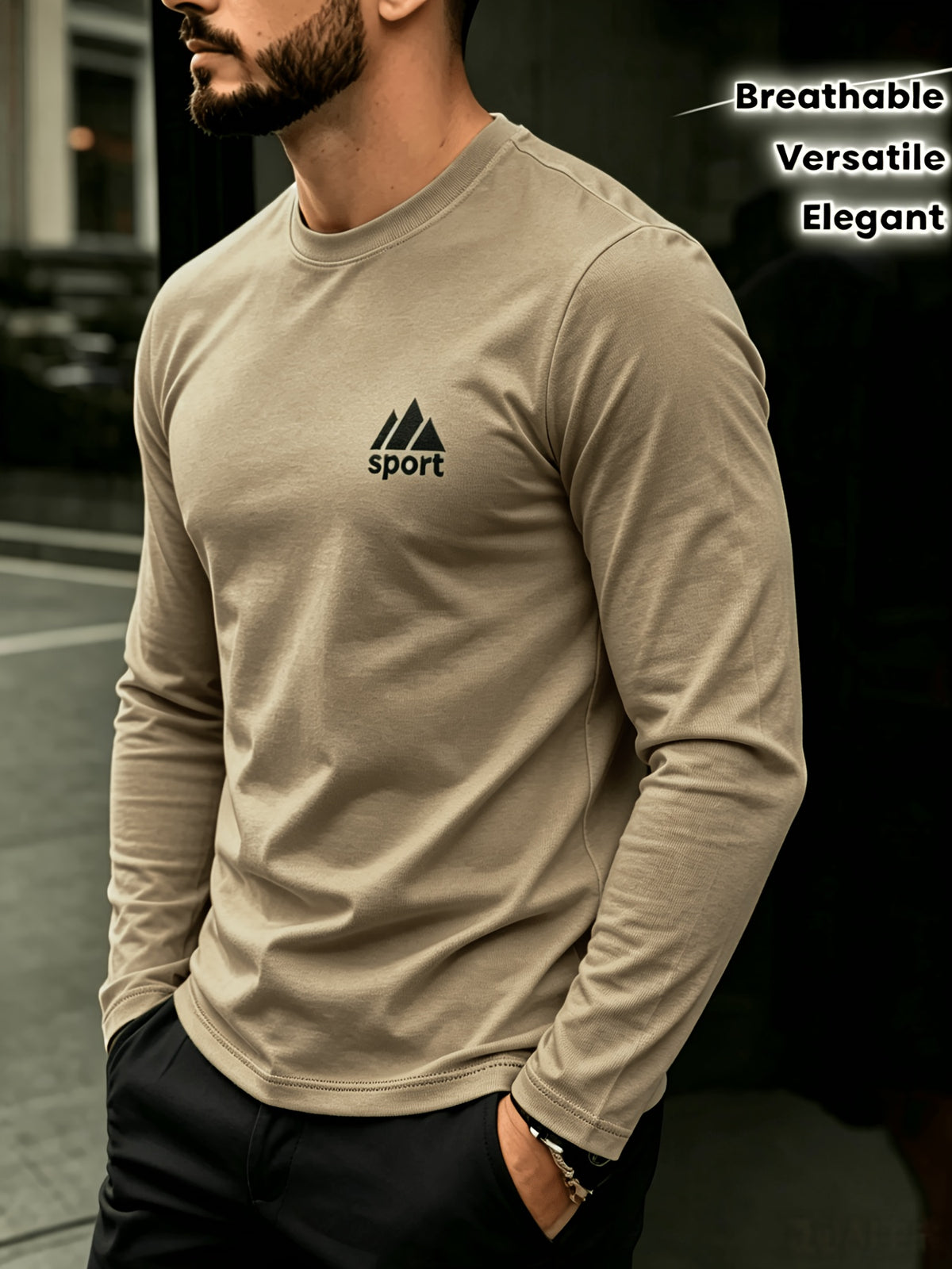 Men'S Spring And Autumn Thin Knitted Classic Solid Color Long-Sleeve T-Shirt 1pc, Casual Sports All-Match Inner Wear Men'S Long-Sleeve Tops - Khaki