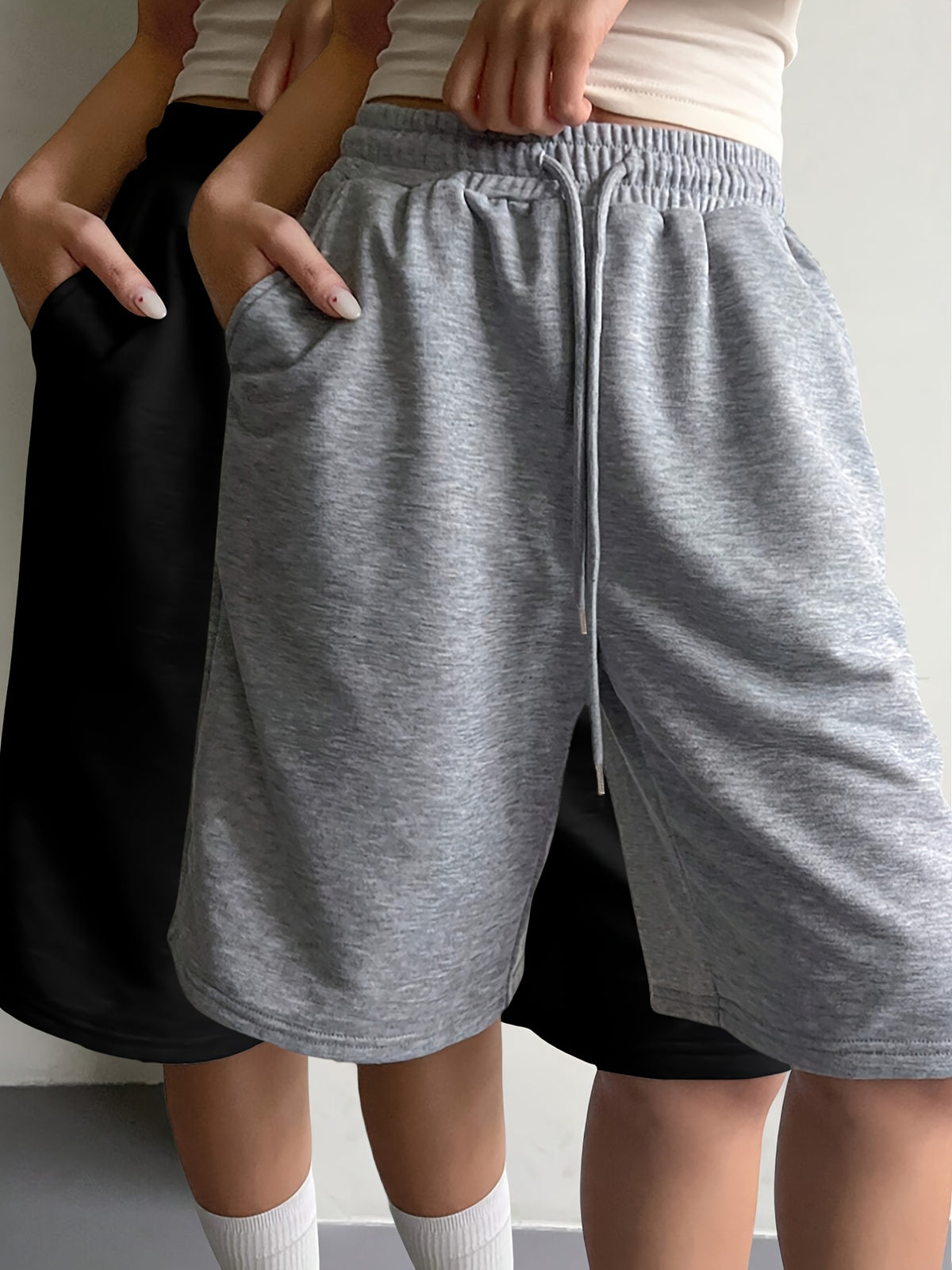 Women'S Casual Solid Color Loose Shorts Bermuda Shorts Black And Gray 2pcs Set - Black+gray