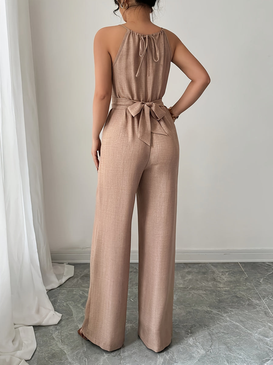 Women's Spring/Summer Casual Pleated Strappy Twist-Waist Maxi Jumpsuit - Khaki