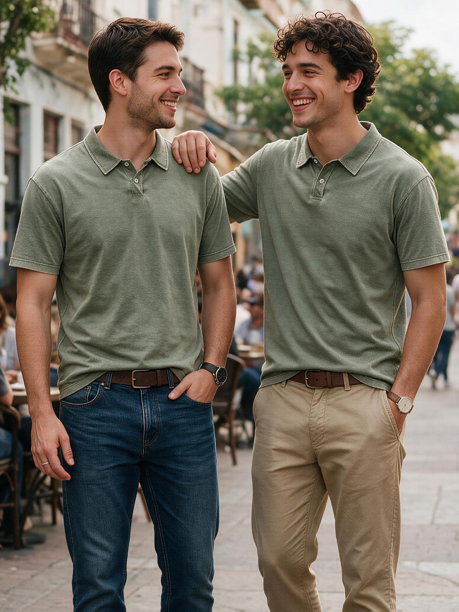 Two-pc More Cost-Effective Heavyweight Combed Pure Vintage Washed Distressed Polo Shirt for Men, Loose Fit Casual Short Sleeve Lapel, Latin American Style Daily Versatile Button-Up Top, Business Casual Commuter Lapel T-Shirt - Olive Green