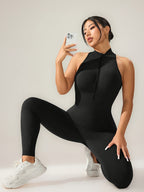 Women's Stylish Sleeveless Front-Zip Bodysuit Sports ShapewearFront Chest Zipper Design to Flatter Your FigureSimple, Stylish and ElegantHigh-end and ClassyIdeal for, Daily Casual Wear, Parties, Vacations and Travel - Black