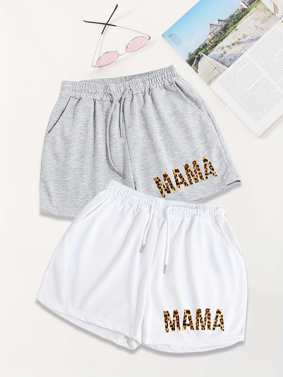 2pcs,Letter Print Drawstring Shorts, Casual Shorts, Women's Clothing - Grey+White