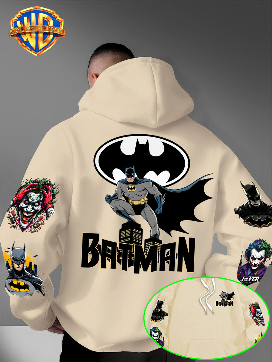 DC Batman Joker IP Official Hooded Sweatshirt with Gotham Crouching Batman on the Back + Bat Logo Themed Print, Drawstring Loose Hoodie, Wear-Resistant and Wash-Resistant Autumn/Winter Trendy Top - Apricot